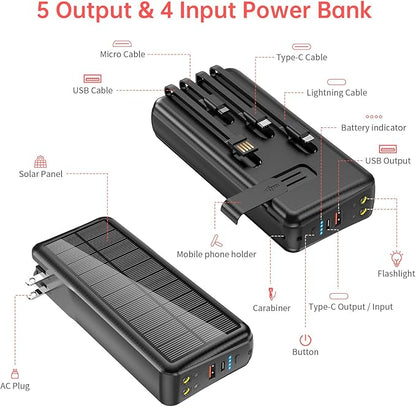 Portable Charger with Built in Cable and Wall Plug 50000mAh PD30W Fast Charging Solar Power Bank with 5 Output & 2 Input Dual LED Flashlights Phone Holder External Battery Pack (Black)