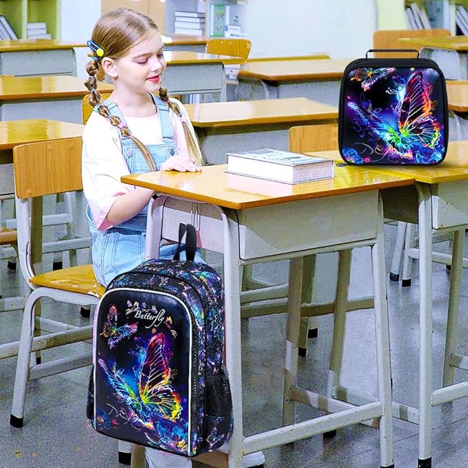 WZLVO 3PCS Butterfly Backpack for Girls, 16" Kids Preschool Bookbag with Lunch Box, Water Resistant School Bag for Elementary Kindergarten Toddler