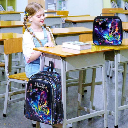 WZLVO 3PCS Butterfly Backpack for Girls, 16" Kids Preschool Bookbag with Lunch Box, Water Resistant School Bag for Elementary Kindergarten Toddler