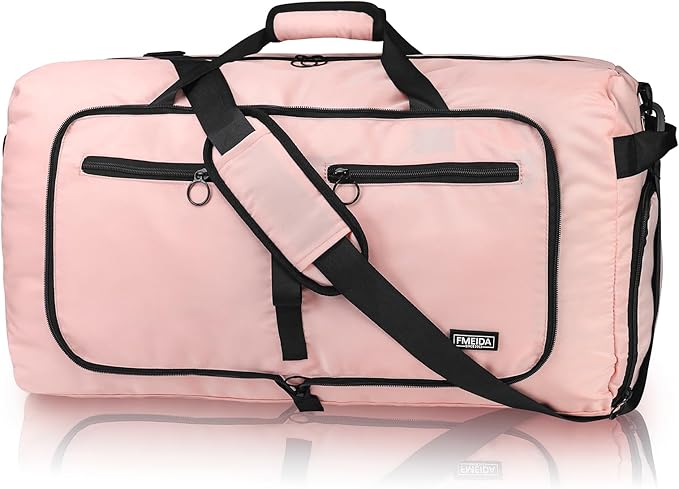 Fmeida 65L Duffle Bag with Shoes Compartment, Foldable Travel Duffel Bags for Men Women, Large Packable Travel Bag Water Repellent & Tear Resistant (Light Pink)