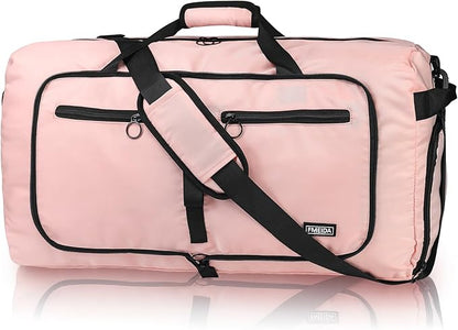 Fmeida 65L Duffle Bag with Shoes Compartment, Foldable Travel Duffel Bags for Men Women, Large Packable Travel Bag Water Repellent & Tear Resistant (Light Pink)
