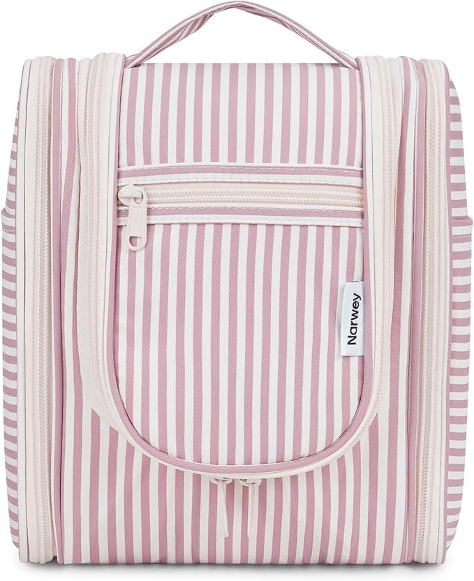 Narwey Small Striped Hanging Travel Toiletry Bag for Women, Travel Bag for Toiletries, Makeup Bag Organizer Cosmetic Bags Make Up Bags for Women (Dusty Rose Stripe)