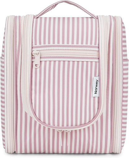 Narwey Small Striped Hanging Travel Toiletry Bag for Women, Travel Bag for Toiletries, Makeup Bag Organizer Cosmetic Bags Make Up Bags for Women (Dusty Rose Stripe)