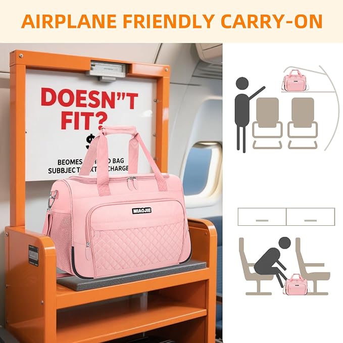 Travel Duffle Bag for Women, Underseat Carry On luggage Bag Foldable Overnight Weekender Hospital Bag Lightweight Airplanes Personal Item Travel Tote Bag for Women Birthday Gifts, 16IN Pink