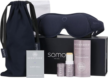 Scentered x SOMO Premium Blackout Sleeping Mask & Sleep Well Aromatherapy Balm Gift Set - Acupressure Eye Mask & Lavender Essential Oil for Deeper Recovery - Fall Asleep Faster & Stay Asleep Longer
