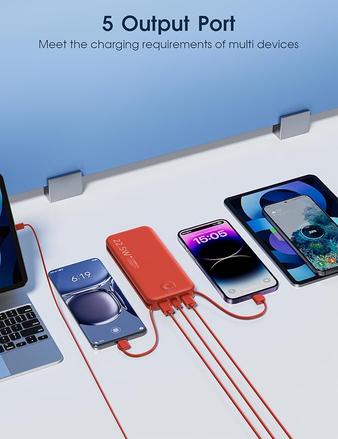 22.5W Super Fast Charging Portable Charger with Wall Plug,12000mAh USB-C Power Bank Built-in 2 Cable, Lightweight Phone Charger Travel Battery Pack for All iPhone, Samsung, Tablets