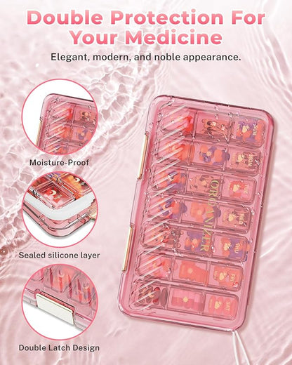 Pill Organizer 3X a Day, Large 7 Day Pill Box 3 Times a Day Portable for Family/Travel Medicine Case for Vitamins, Fish Oil and Supplements（Pink）