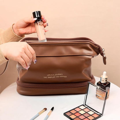 Abiudeng Large Capacity Makeup Bag Ladies Cosmetic Bag Travel Bag with Compartments Portable PU Leather Travel Makeup Bag with Handle