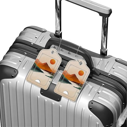 Funny PU Leather Luggage Tags 2-Pack Suitable for Suitcase Stainless Steel Loop and Address Card Essential with Cruise and Airport Travel Yellow Sunrise River Mountain Cute Pattern