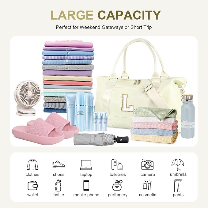 Dance Gym Duffel Bag for Teen Girls, Personalized Initial Travel Weekender Bag,Cute Overnight Carry On Duffle for Women,Sports Travel Cheer Bag,Monogram Christmas Gifts for Tween Preppy(beige-L)