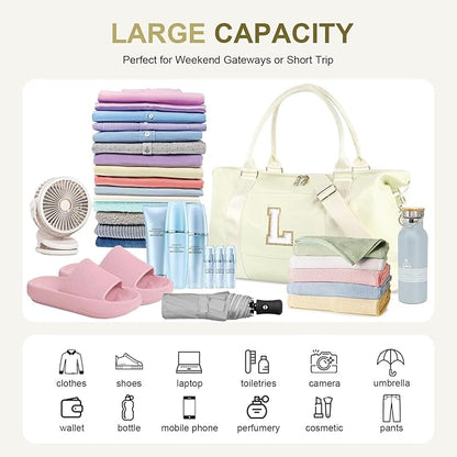 Dance Gym Duffel Bag for Teen Girls, Personalized Initial Travel Weekender Bag,Cute Overnight Carry On Duffle for Women,Sports Travel Cheer Bag,Monogram Christmas Gifts for Tween Preppy(beige-L)