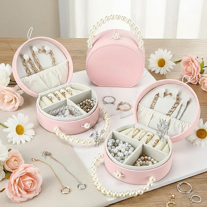 Weysat 8 Pack Travel Jewelry Case Bulk Mini Bridesmaid Jewelry Box Small Earring Storage Organizer for Women Proposal Gifts(Pink, Leather)