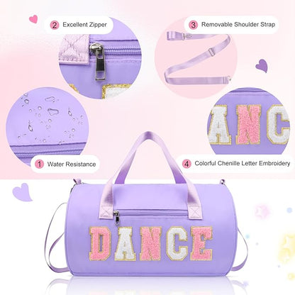 Dance Bag for Girls, KUIRAN 23L Waterproof Travel Duffel Bag with Colorful Chenille Letter, Lightweight Small Gym Sport Ballet Weekender Bag with Large Main Compartment - Purple