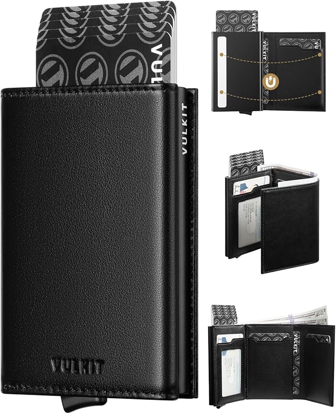VULKIT Pop up Card Wallet Minimalist Cash Wallets RFID Blocking Leather Smart Credit Card Holder with ID window for Men