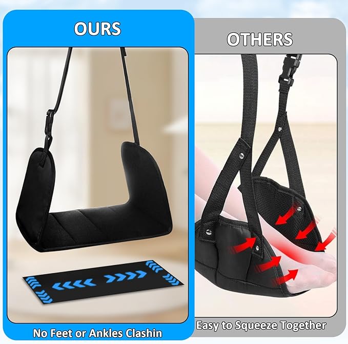 Airplane Foot Rest, Office Footrest Under Desk with 4 Hooks, Widen Airplane Footrest Flight Hammock Memory Foam Travel Foot Sling for Work Gaming Travel Essentials, Black