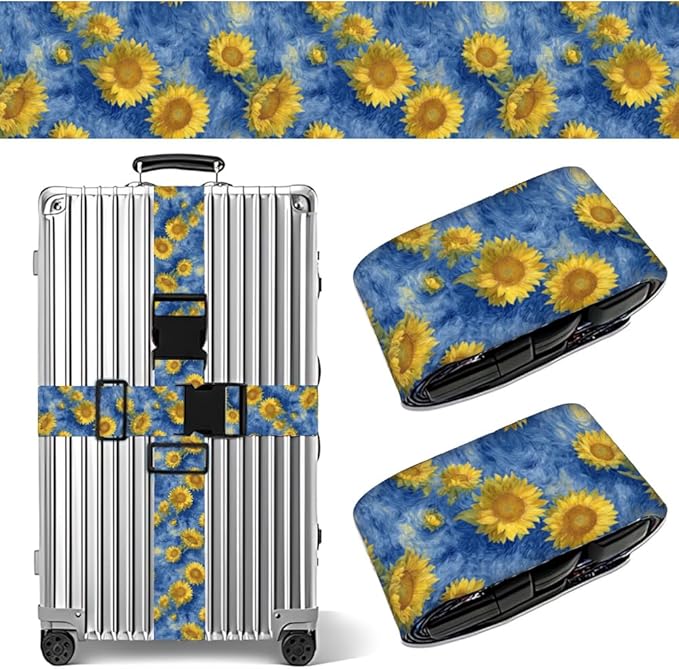 2PC,Sunflower Sky Luggage Strap 1.97 x 70.84 inch Blue Background Floral Design Adjustable Suitcase Belt Durable Nylon Baggage Identifier Artistic Travel Accessory