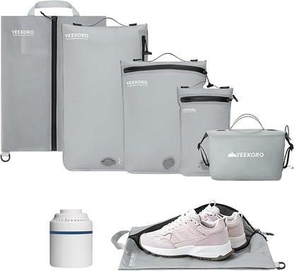 5 Set Vacuum Bags for Travel, Professional IPX8 Reusable Organizer, Compression Packing cube for Suitcases, Durable Seal Space Saver Bags -Traveling Essentials (Grey with Pump)