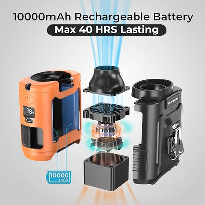 10000mAh Portable Waist Clip Fan, 40H Cooling Personal Wearable Fan, 5 Speeds 16000RPM Strong Belt Fan, Rechargeable Hands-free Neck Fan With Flashlight for Outdoor Jobsite Camping Traveling (Orange)