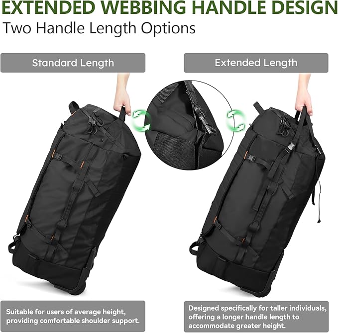Vomgomfom 86L Collapsible Wheeled Luggage with Removable Backpack Straps,Waterproof Rolling Duffle Bag with Quilted Base,No Telescope Handle,Black
