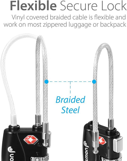 Fosmon TSA Approved Cable Locks for Luggage, Suitcase, Gun Case Locks with Push Release Button, 3 Digit Long Shackle Combination Wire Locks for Backpack Zipper Anti Theft, Gym Locker -3 Pack, Black