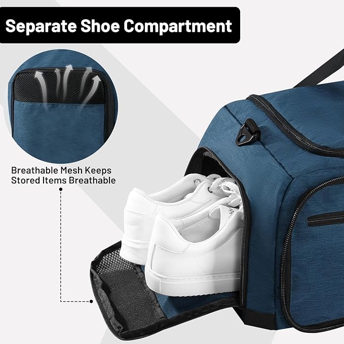 MIER Foldable Duffle Bag with Shoe Compartment 50L Travel Duffel Bags for Men Women Packable Overnight Bag for Camping Gym Weekender, Drak Blue