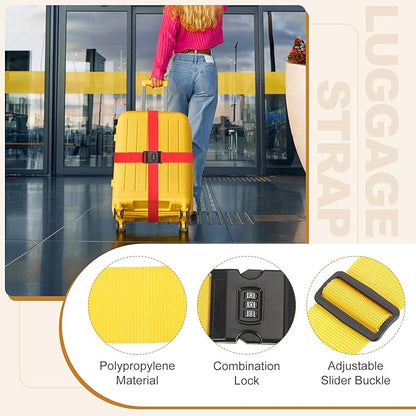 MECCANIXITY Luggage Straps with Combination Lock Adjustable Suitcase Belt Strap for Suitcase Briefcase Backpack Travel, Yellow, Pack of 4