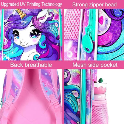 WZLVO 3PCS Unicorn Backpack for Girls, 16'' Kids Preschool Bookbag Set, Cute Water Resistant Kindergarten Elementary School Bag with Lunch Box