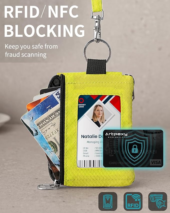 Minimalist Wallet For Mens Womens, Keychain RFID Blocking Zipper Small Wallet with ID Window 2 Lanyards,Water Resistant Travel Cash Card Coin Case Boys Girls