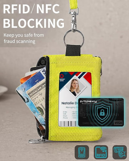 Minimalist Wallet For Mens Womens, Keychain RFID Blocking Zipper Small Wallet with ID Window 2 Lanyards,Water Resistant Travel Cash Card Coin Case Boys Girls