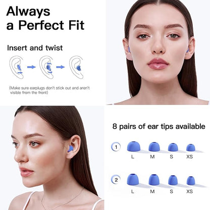Ear Plugs for Sleeping Noise Cancelling, 45dB Noise Reduction Earplugs for Sleep, Concert, Snoring, Parenting & Noise Sensitivity Relief, Hearing Protection Reusable Earplugs with 8 Soft Tips Blue