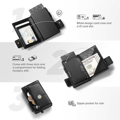 VULKIT Card Holder Bifold Pop Up Leather Wallet for Men RFID Blocking Metal Card Case, Holds 9 Cards and Banknotes Black