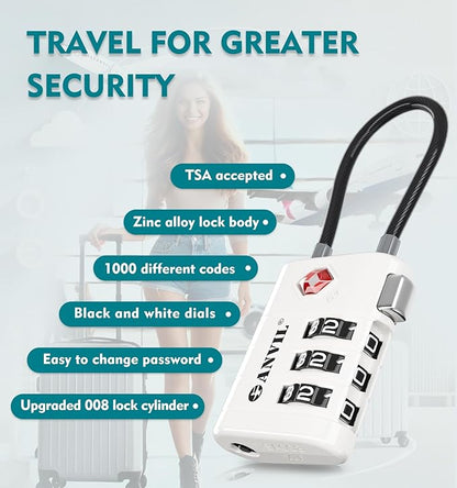 ANVIL TSA Approved Luggage Locks – High Security TSA008 Combination Travel Locks with Inspection Indicator for Suitcases and Backpacks. (4, White)