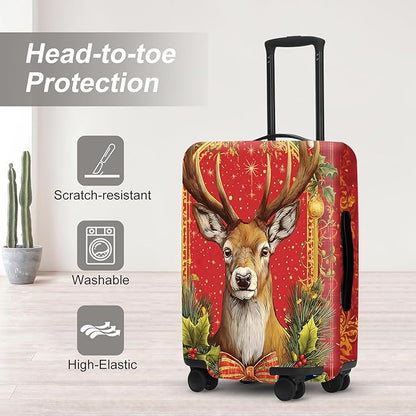 Vintage Plaid Christmas Luggage Cover - Red Tartan with Golden Deer and Holly, Classic Stretchable Suitcase Cover 32 34 Inch