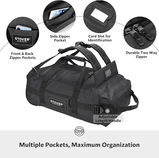 STOVER 45L Carry-On Rolling Duffel Bag with Wheels, Medium Durable Travel Duffle w/Toiletry Bag, Heavy-Duty, Packable, Foldable with Shoulder Straps- Use as Luggage or Backpack, Men/Women (Black)