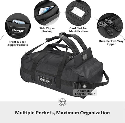 STOVER 45L Carry-On Rolling Duffel Bag with Wheels, Medium Durable Travel Duffle w/Toiletry Bag, Heavy-Duty, Packable, Foldable with Shoulder Straps- Use as Luggage or Backpack, Men/Women (Black)