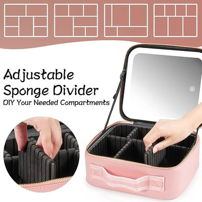 Makeup Travel Train Case with Mirror LED Light 3 Adjustable Brightness Large Cosmetic Bag Portable Storage Adjustable Partition Waterproof Makeup Brushes Make up Jewelry Gift for Women