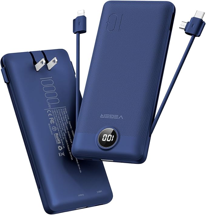 VEGER Portable Charger with Built-in AC Plug and Cables, All in One 10000mAh Ultra Slim Power Bank Travel Essentials, 15W Fast Charging Battery Pack Compatible with iPhone, Samsung, Android (Navy)