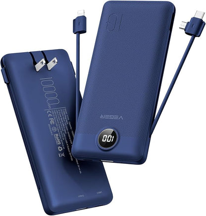 VEGER Portable Charger with Built-in AC Plug and Cables, All in One 10000mAh Ultra Slim Power Bank Travel Essentials, 15W Fast Charging Battery Pack Compatible with iPhone, Samsung, Android (Navy)