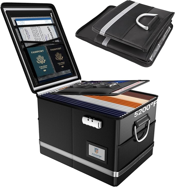 Fireproof Document Box,5200°F File Organizer Box with Lock,Foldable Filing Organizer Cabinet, Portable Safe Storage for Hanging Letter/Legal Folder,Black
