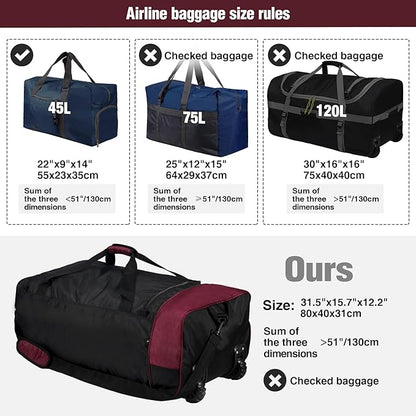REDCAMP 85L/120L/140L Foldable Duffle Bag with Wheels, Large Travel Duffel Bag