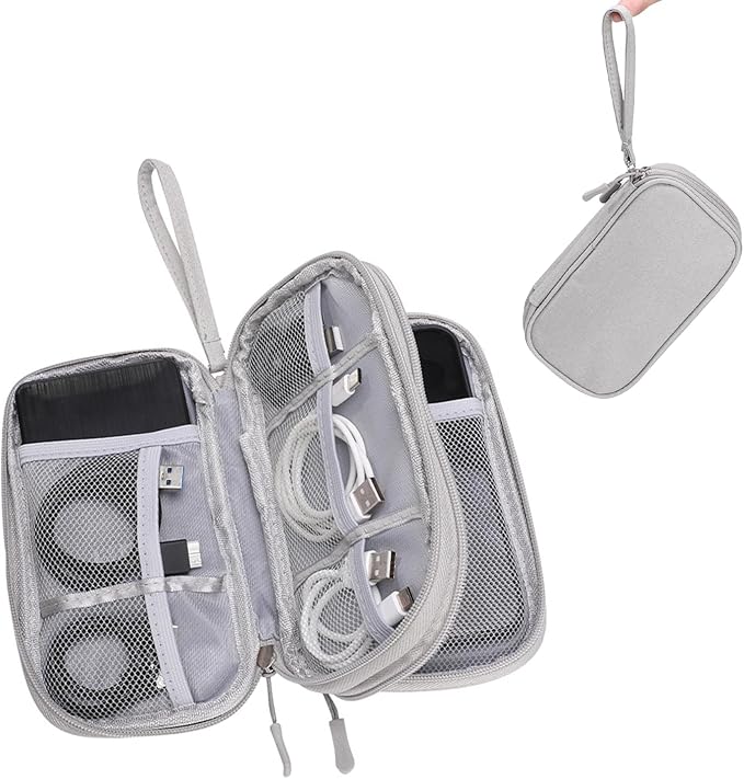 Electronic Organizer Double Layer, Water Resistant Cable Organizer Bag for Travel Essentials, Cord, Charger, Phone, Earphone, Large Size,Accessories Travel Essentials (Grey, Double-Layer)