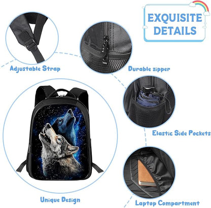Wolf Backpack Wild 17 Inches Bookbag 3PCS Set with Lunch Box Pencil Case Daypack for Kids Boys