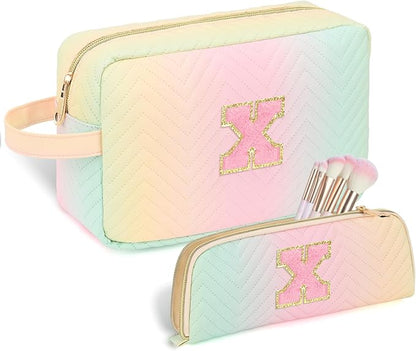 Personalized Initial Makeup Bag Trendy Stuff Leather Waterproof Cosmetic Bag Travel Toiletry Bag, Christmas/Thanksgiving/Halloween Gifts Makeup Organizer Case for Women Girls Mom Girlfriend Wife