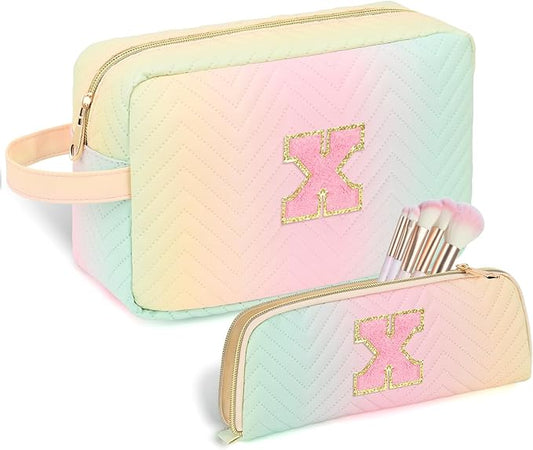 Personalized Initial Makeup Bag Trendy Stuff Leather Waterproof Cosmetic Bag Travel Toiletry Bag, Christmas/Thanksgiving/Halloween Gifts Makeup Organizer Case for Women Girls Mom Girlfriend Wife