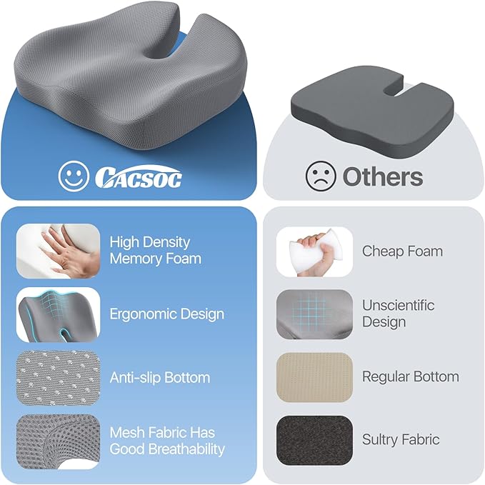 Seat Cushion, Extra Large Memory Foam Cushion for Office Chair Cushions, Ergonomic Cushions Pad Pillow for Pressure Relief Sciatica & Pain Relief for Long Sitting, Grey