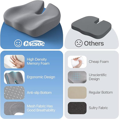 Seat Cushion, Extra Large Memory Foam Cushion for Office Chair Cushions, Ergonomic Cushions Pad Pillow for Pressure Relief Sciatica & Pain Relief for Long Sitting, Grey