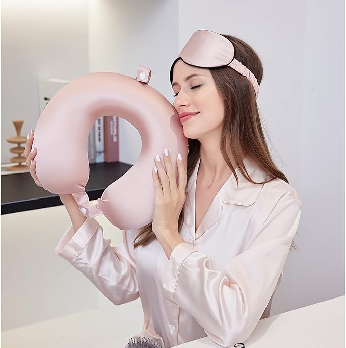 [Upgraded Softness] 100% Mulberry Silk Neck Pillow for Travel 22 Momme Real Silk Travel Pillow for Pain Relief Sleeping, Organic Silk Airplane Pillow, Anti Wrinkle Travel Pillow Made in USA (Pink)