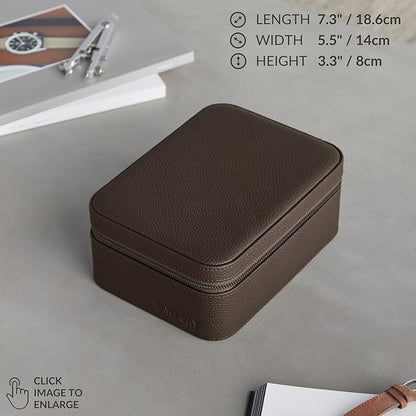 TAWBURY Watch Case - 4 Slot Genuine Top-Grain Leather Watch Box for Men & Women with Extra Wide Pillows for Large Watches - Portable Wristwatch Storage for Home & Travel (Brown)