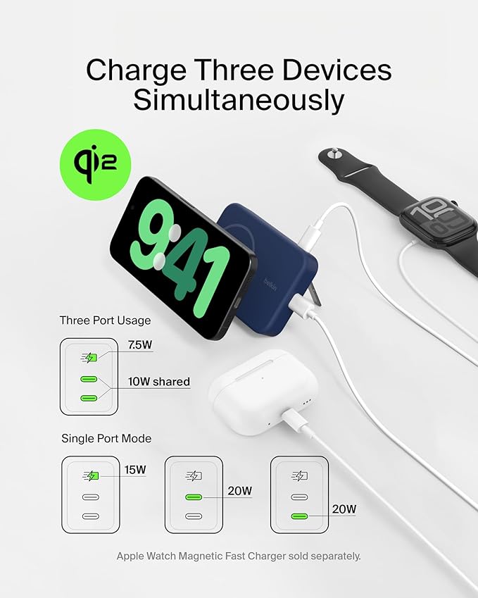 Belkin Portable Charger, Wireless Power Bank 15W 10000 mAh w/ Qi2, MagSafe Charger + Built-in Pop-up Kickstand - iPhone 17, Air, Pro, Pro Max, AirPods, Apple Watch, Google Pixel 10, etc. - Blue