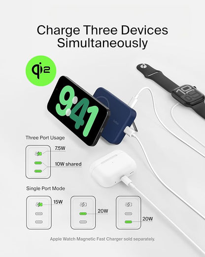 Belkin Portable Charger, Wireless Power Bank 15W 10000 mAh w/ Qi2, MagSafe Charger + Built-in Pop-up Kickstand - iPhone 17, Air, Pro, Pro Max, AirPods, Apple Watch, Google Pixel 10, etc. - Blue
